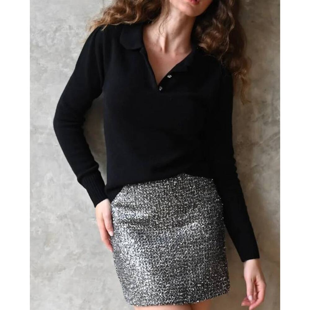 Never a Wallflower Henley Sweater Black L NWT Cashmere Blend Quiet Luxury Chic